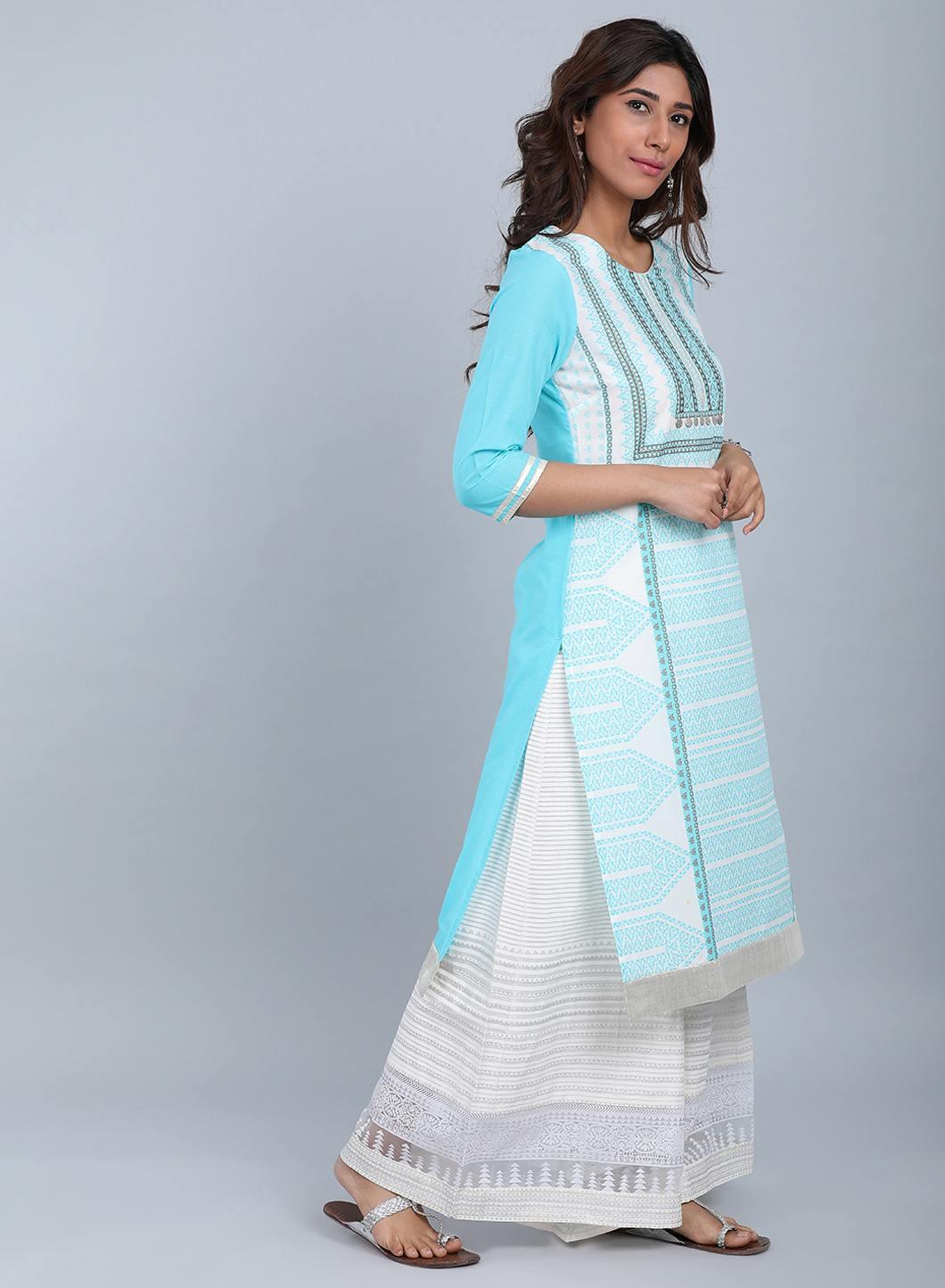 W for Woman Blue Round Neck Printed kurta | Grocsy