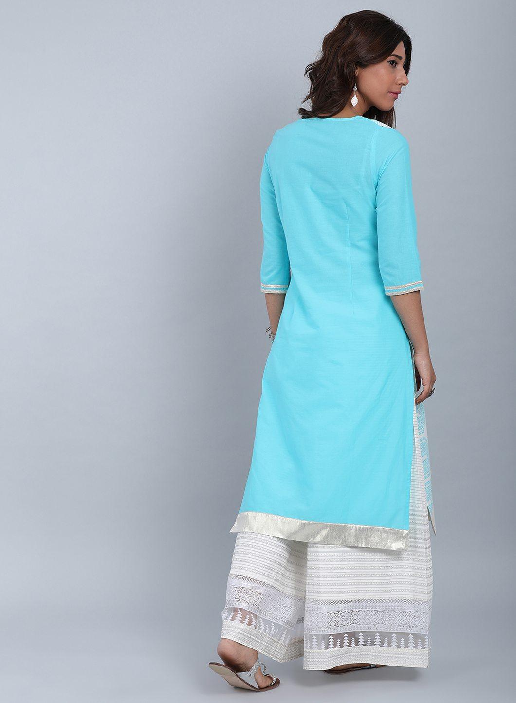 W for Woman Blue Round Neck Printed kurta | Grocsy