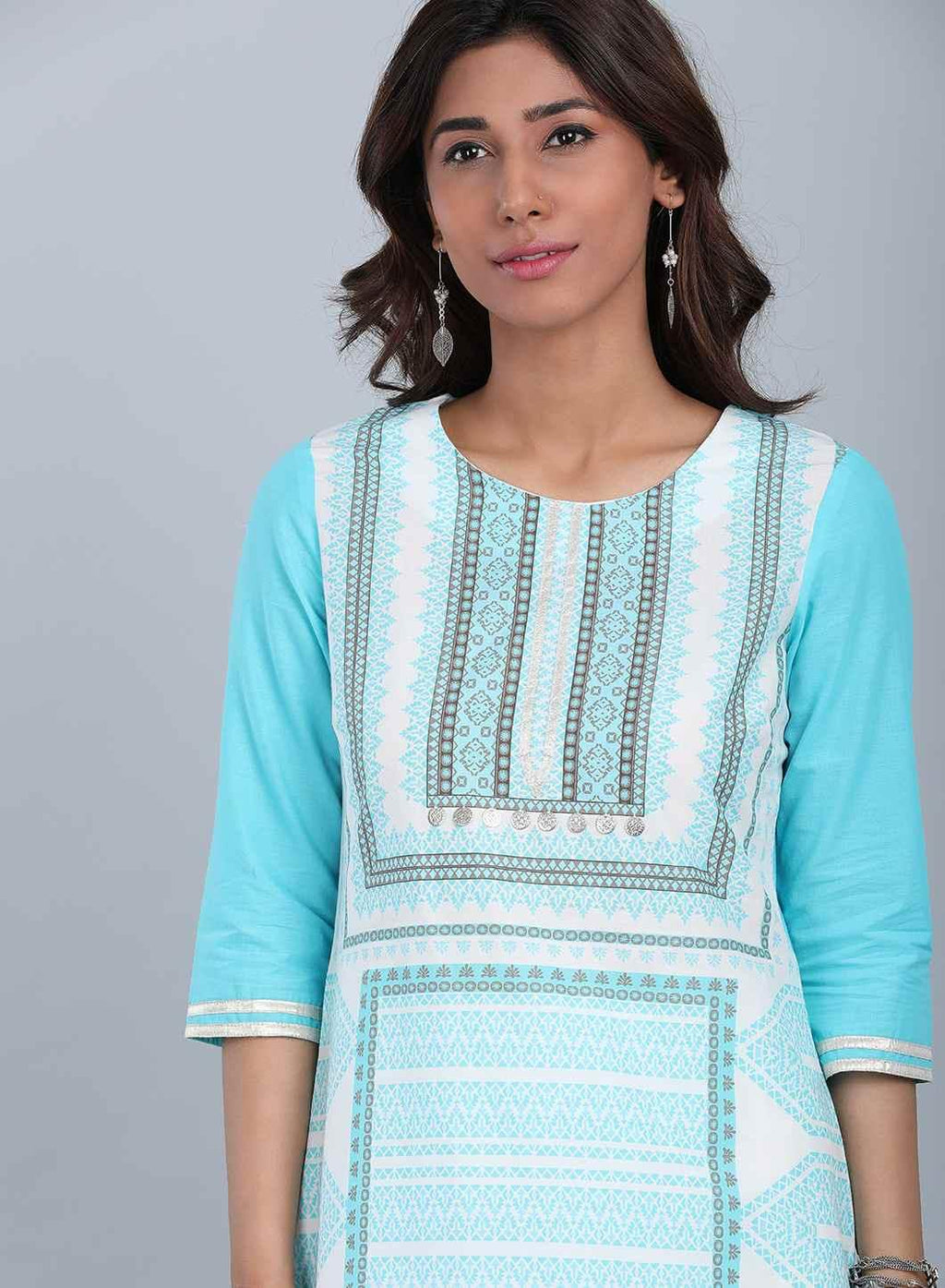W for Woman Blue Round Neck Printed kurta | Grocsy