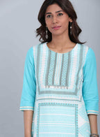W for Woman Blue Round Neck Printed kurta | Grocsy