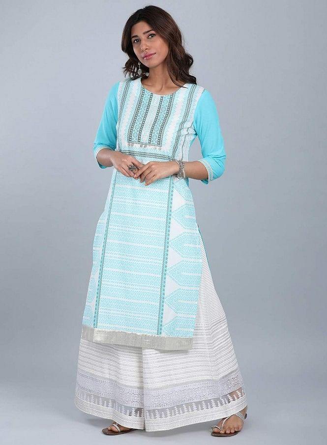W for Woman Blue Round Neck Printed kurta | Grocsy