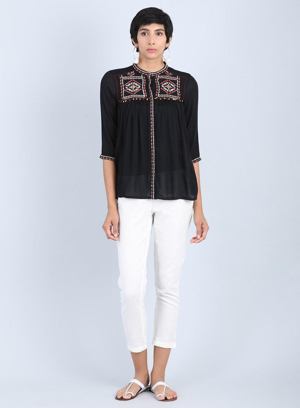 W for Woman Black Mandarin Neck Gathered Top | Grocsy