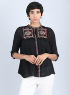 W for Woman Black Mandarin Neck Gathered Top | Grocsy