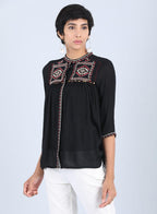 W for Woman Black Mandarin Neck Gathered Top | Grocsy