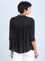 W for Woman Black Mandarin Neck Gathered Top | Grocsy
