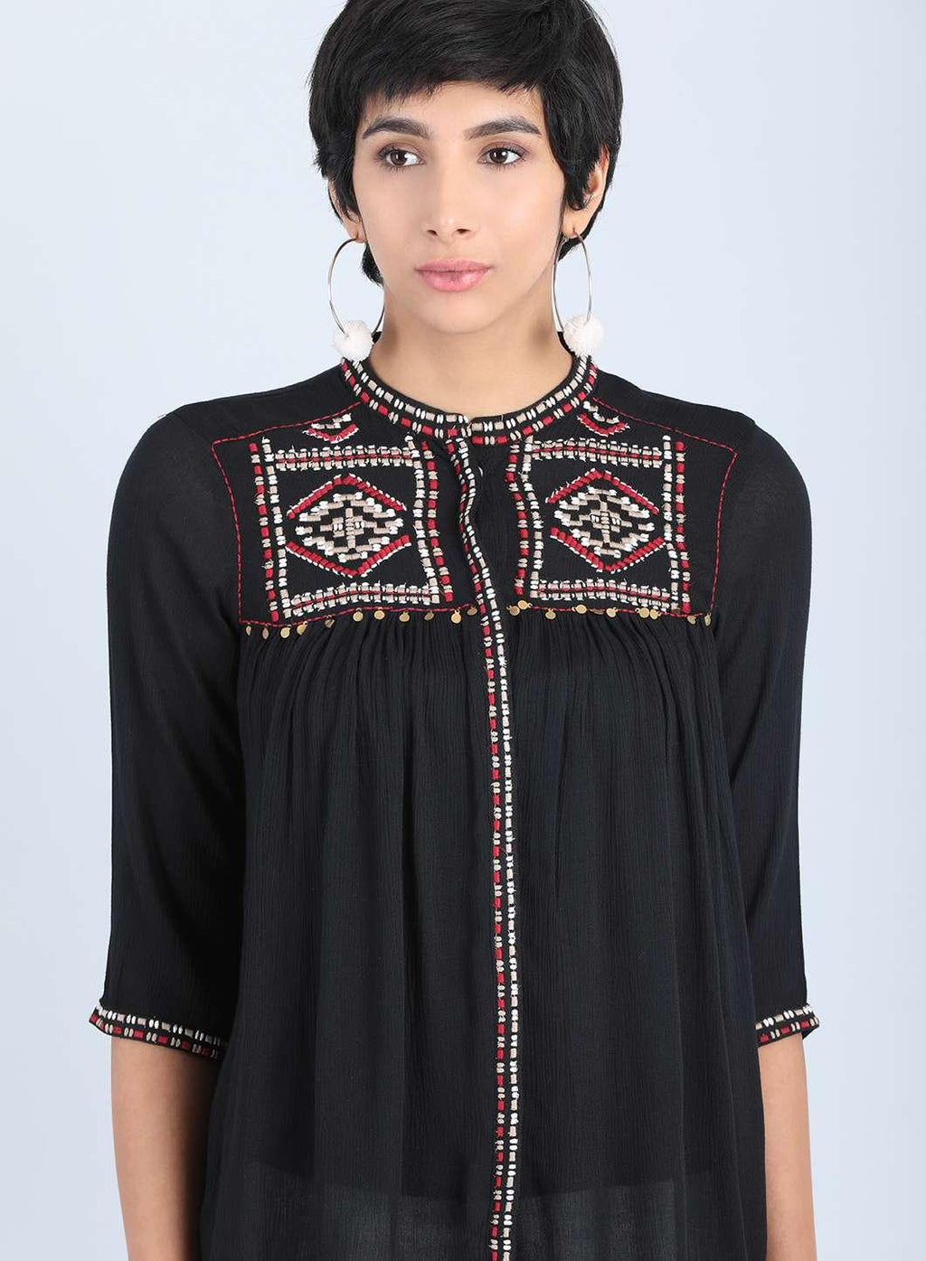 W for Woman Black Mandarin Neck Gathered Top | Grocsy