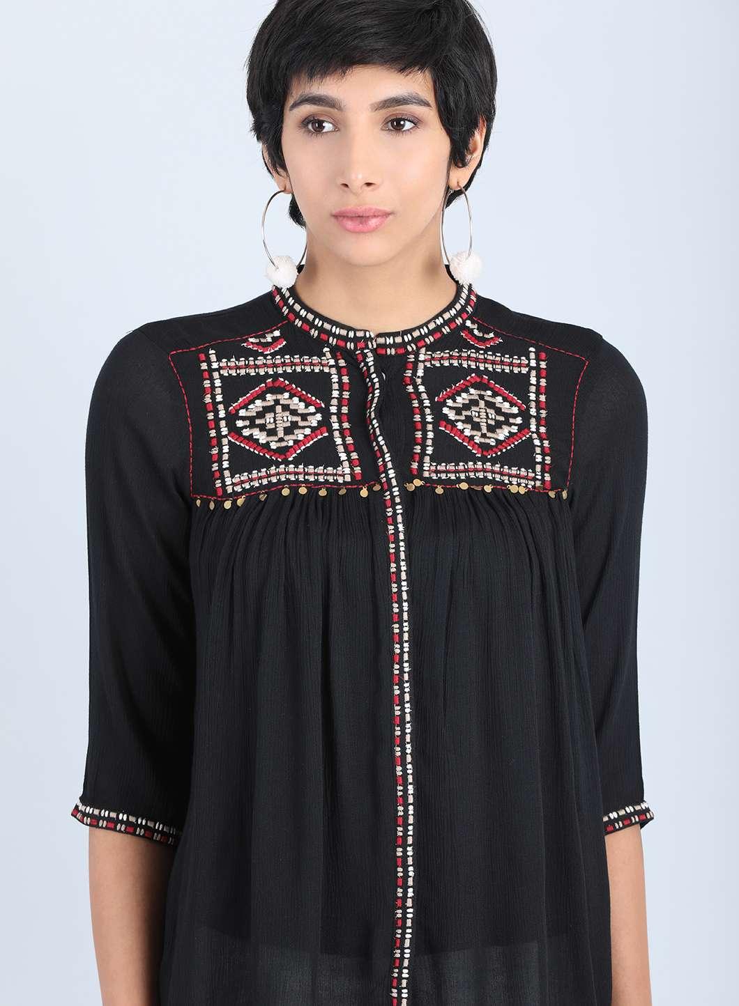 W for Woman Black Mandarin Neck Gathered Top | Grocsy