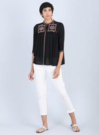 W for Woman Black Mandarin Neck Gathered Top | Grocsy