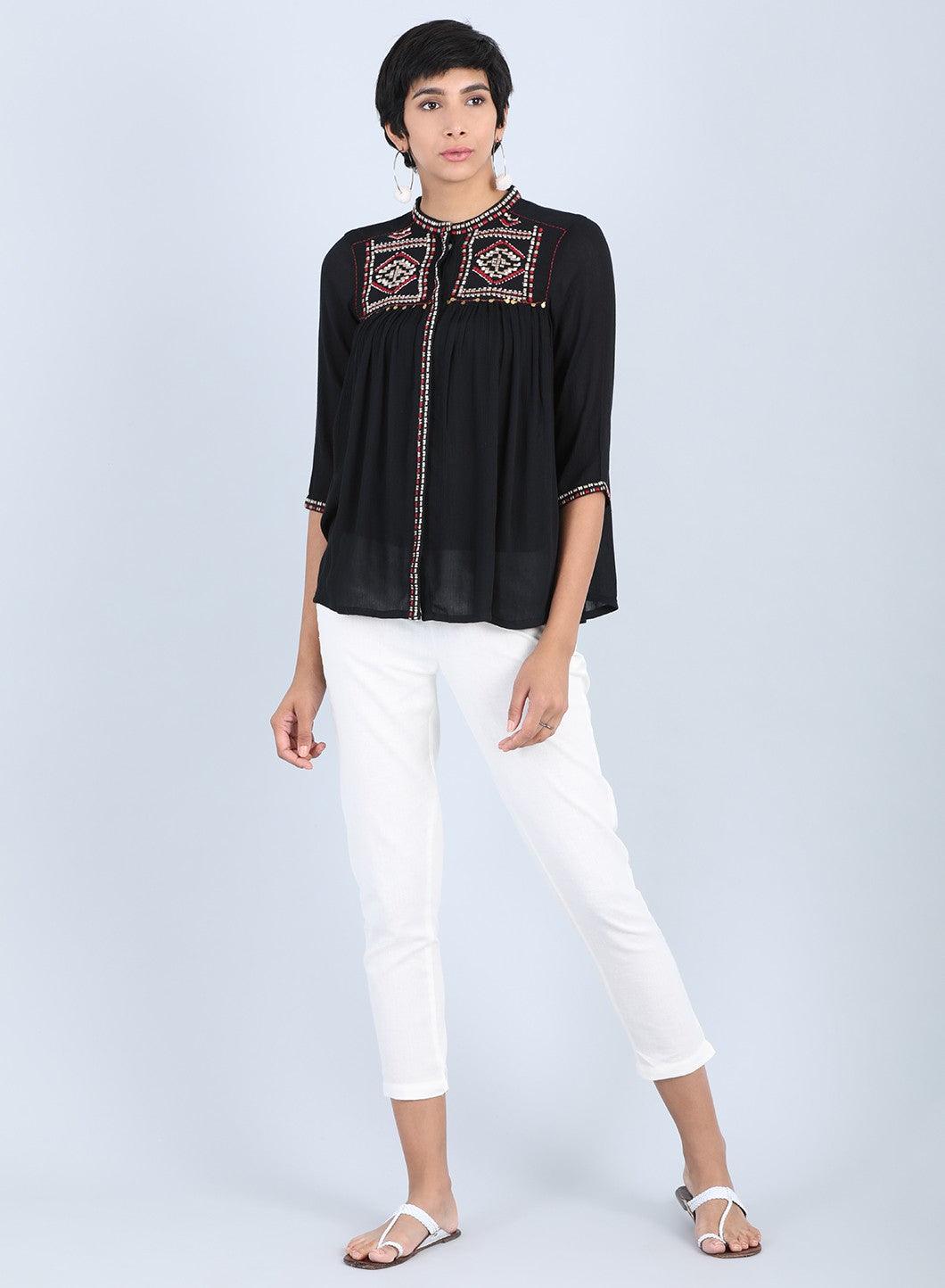 W for Woman Black Mandarin Neck Gathered Top | Grocsy