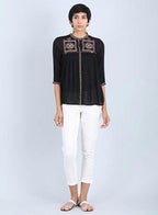 W for Woman Black Mandarin Neck Gathered Top | Grocsy