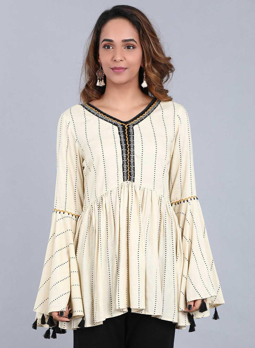 W for Woman Off-White V Neck Printed Top | Grocsy
