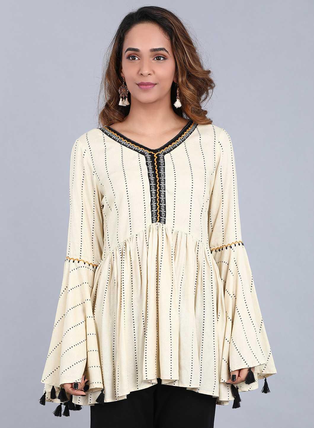 W for Woman Off-White V Neck Printed Top | Grocsy
