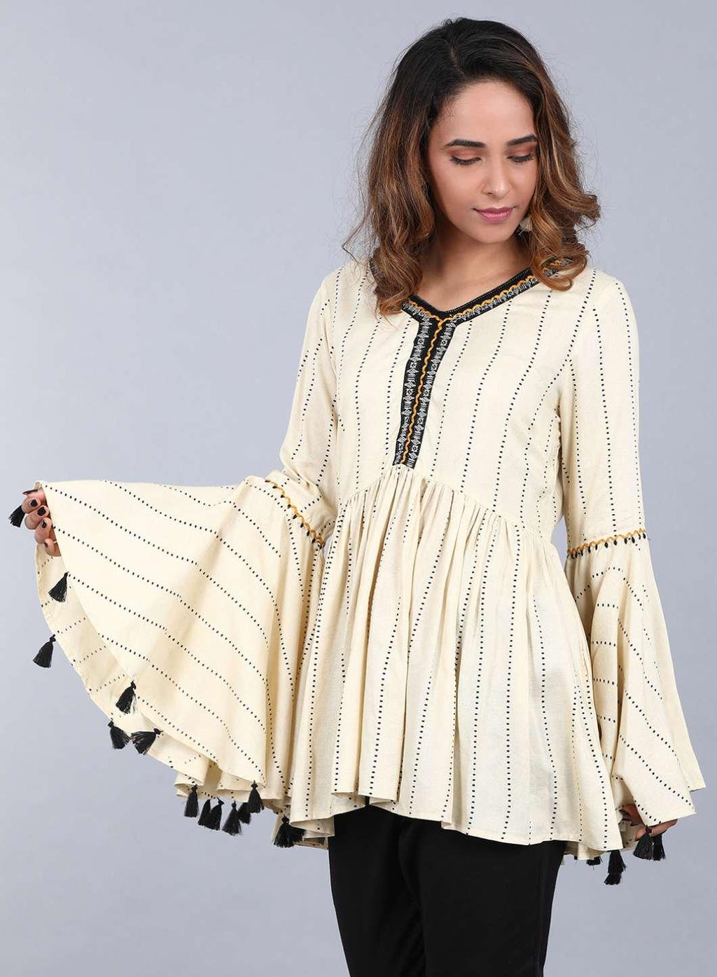 W for Woman Off-White V Neck Printed Top | Grocsy
