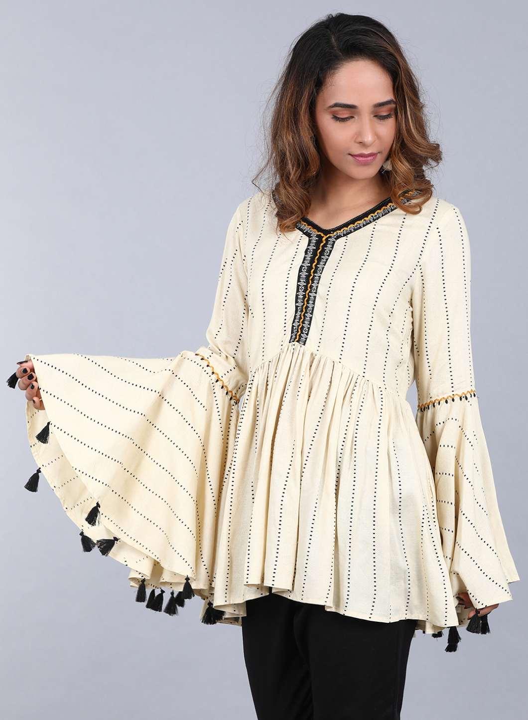 W for Woman Off-White V Neck Printed Top | Grocsy