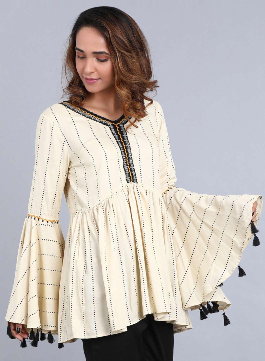 W for Woman Off-White V Neck Printed Top | Grocsy