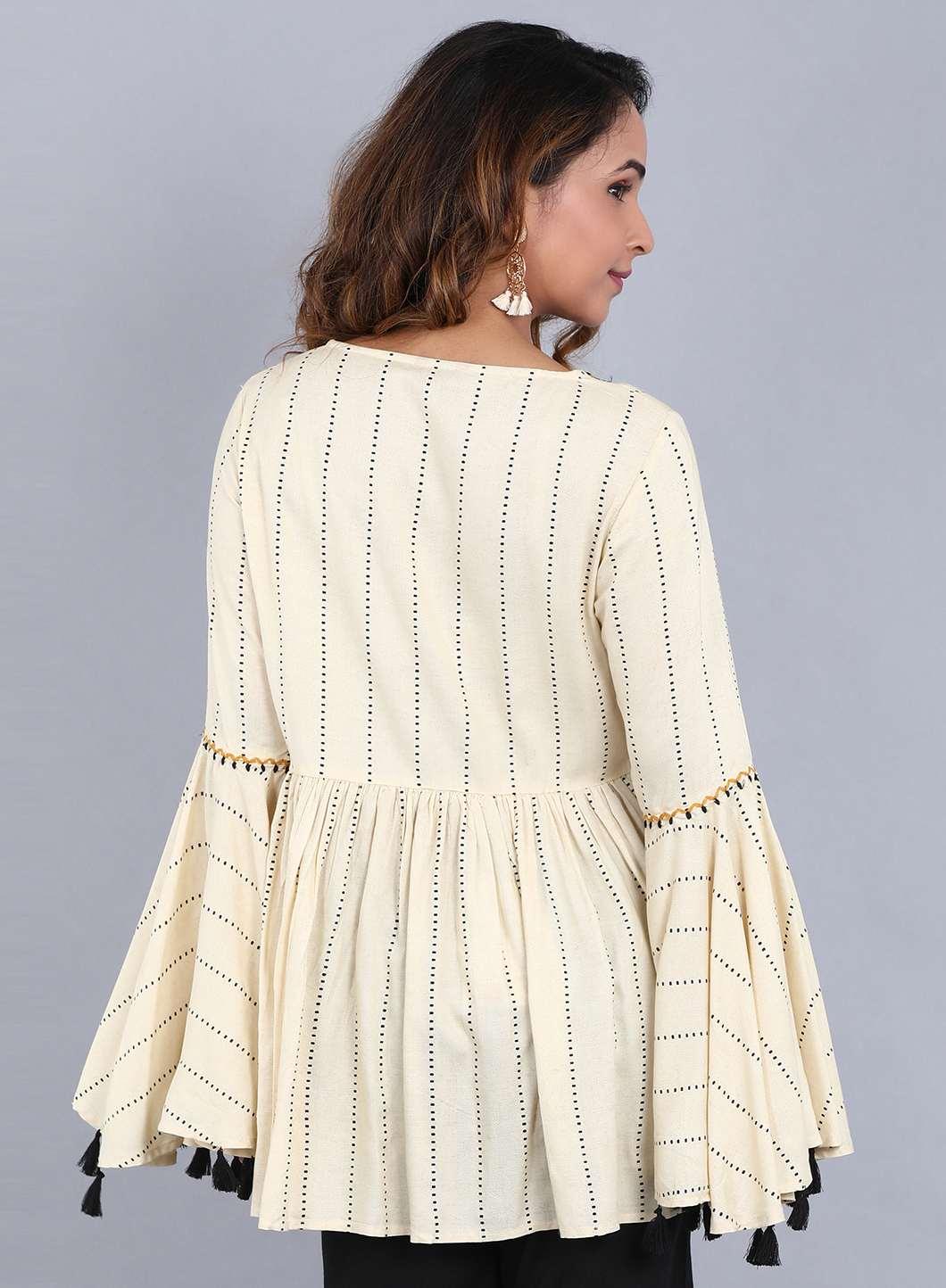 W for Woman Off-White V Neck Printed Top | Grocsy