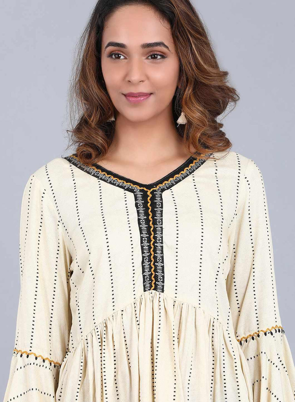 W for Woman Off-White V Neck Printed Top | Grocsy