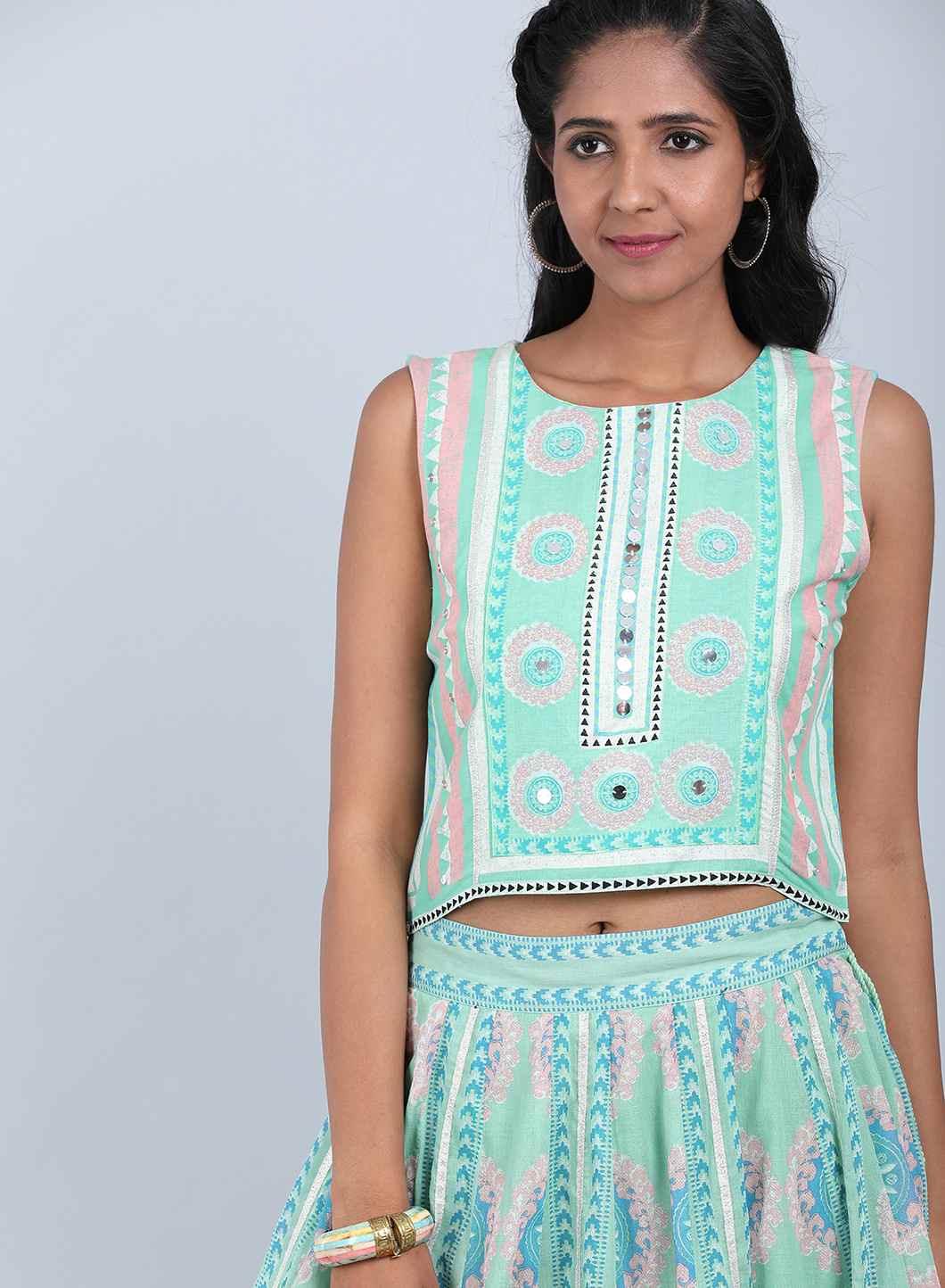 W for Woman Green Printed Cropped Top | Grocsy