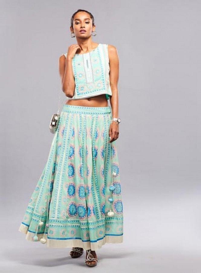 W for Woman Green Printed Cropped Top | Grocsy