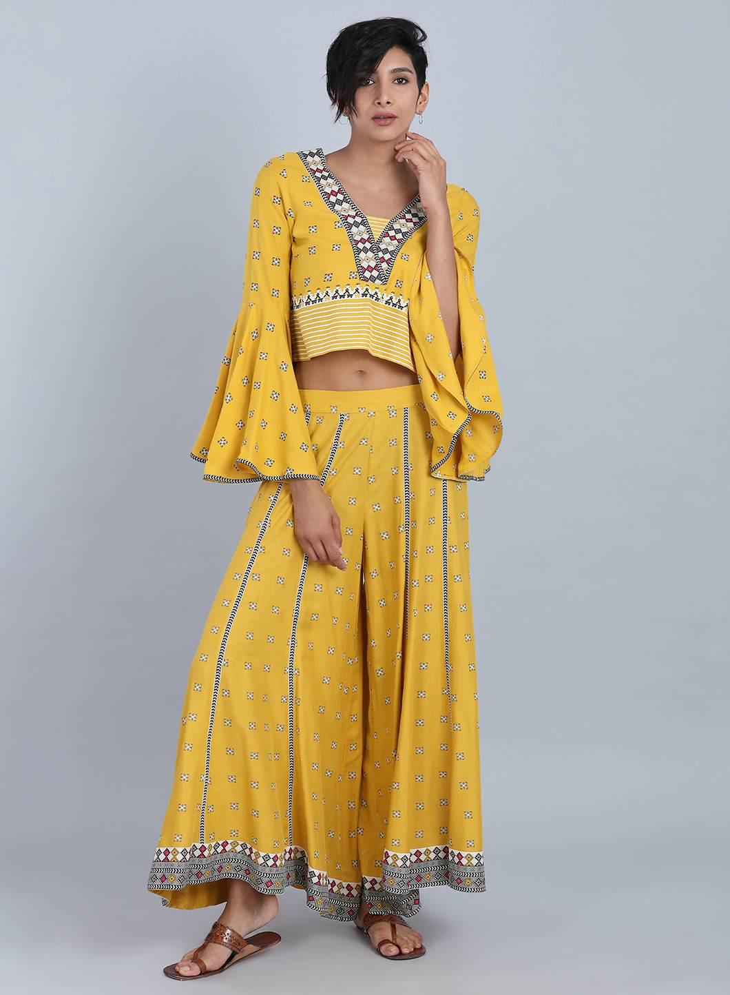 W for Woman Yellow V Neck Printed Top | Grocsy