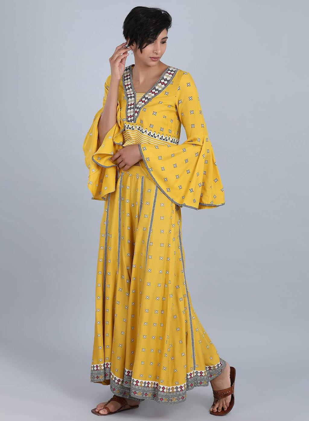 W for Woman Yellow V Neck Printed Top | Grocsy