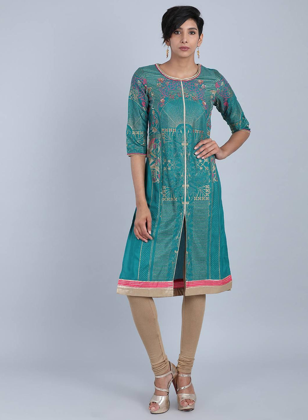 W for Woman Green Round Neck Printed kurta | Grocsy