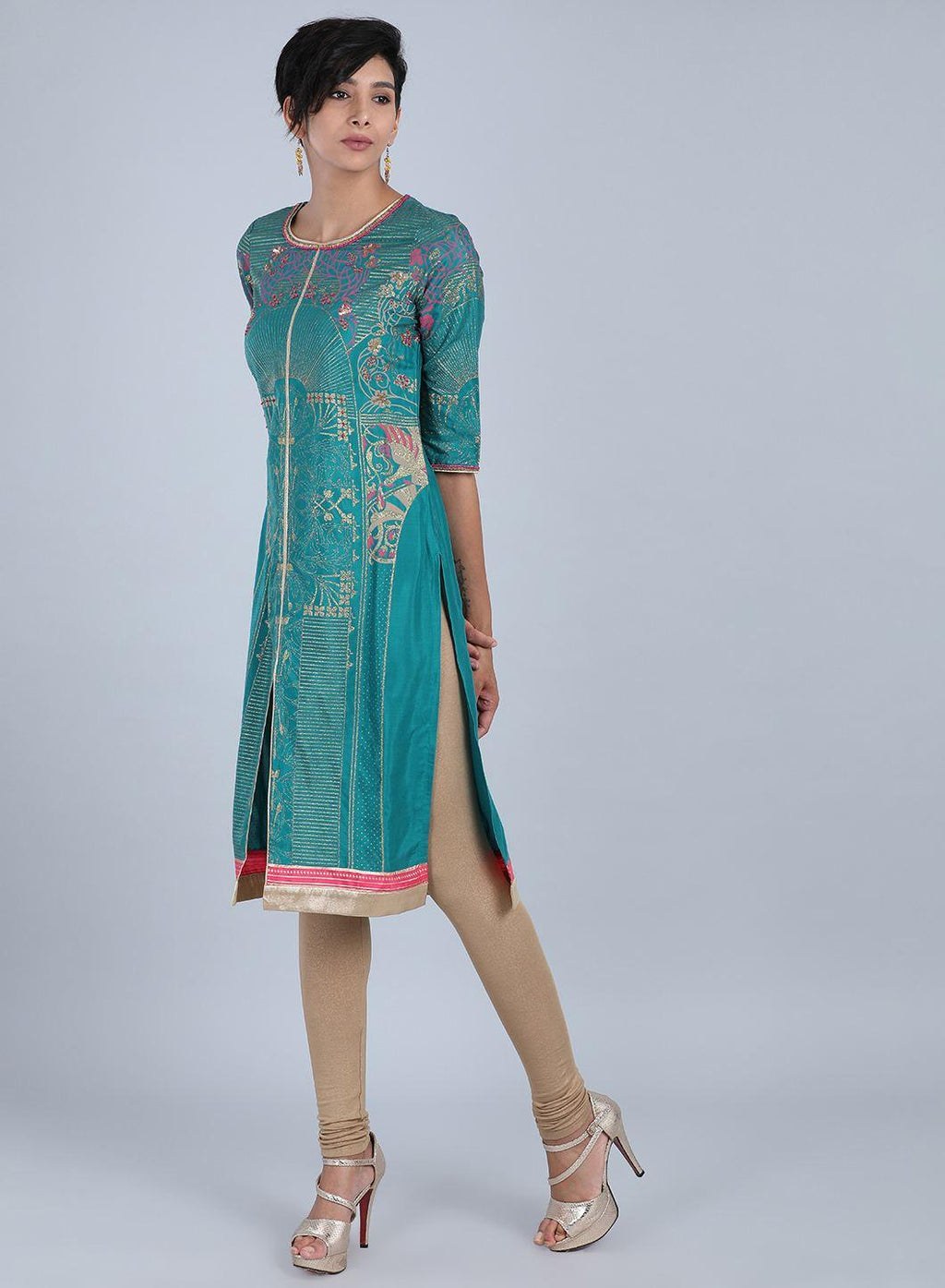 W for Woman Green Round Neck Printed kurta | Grocsy
