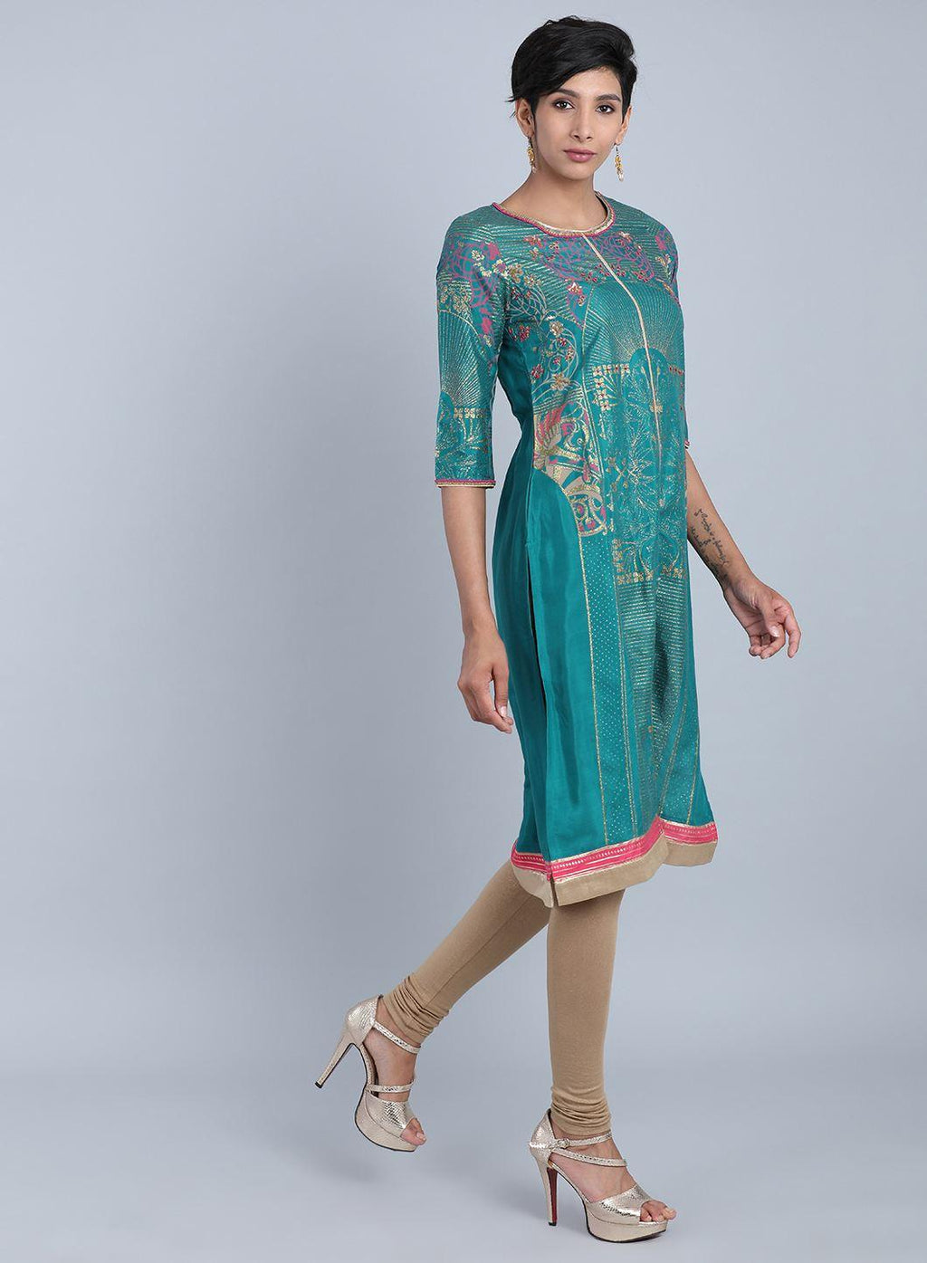 W for Woman Green Round Neck Printed kurta | Grocsy