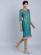 W for Woman Green Round Neck Printed kurta | Grocsy