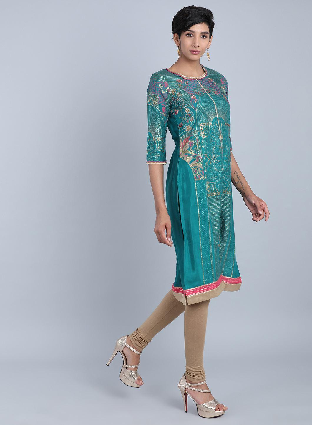 W for Woman Green Round Neck Printed kurta | Grocsy