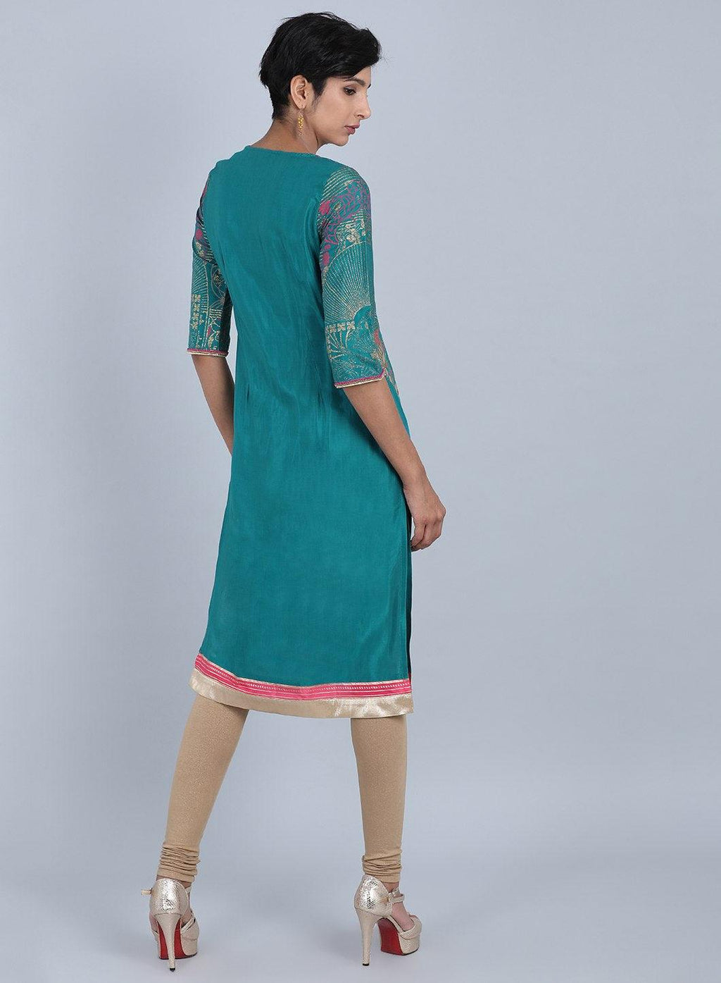 W for Woman Green Round Neck Printed kurta | Grocsy
