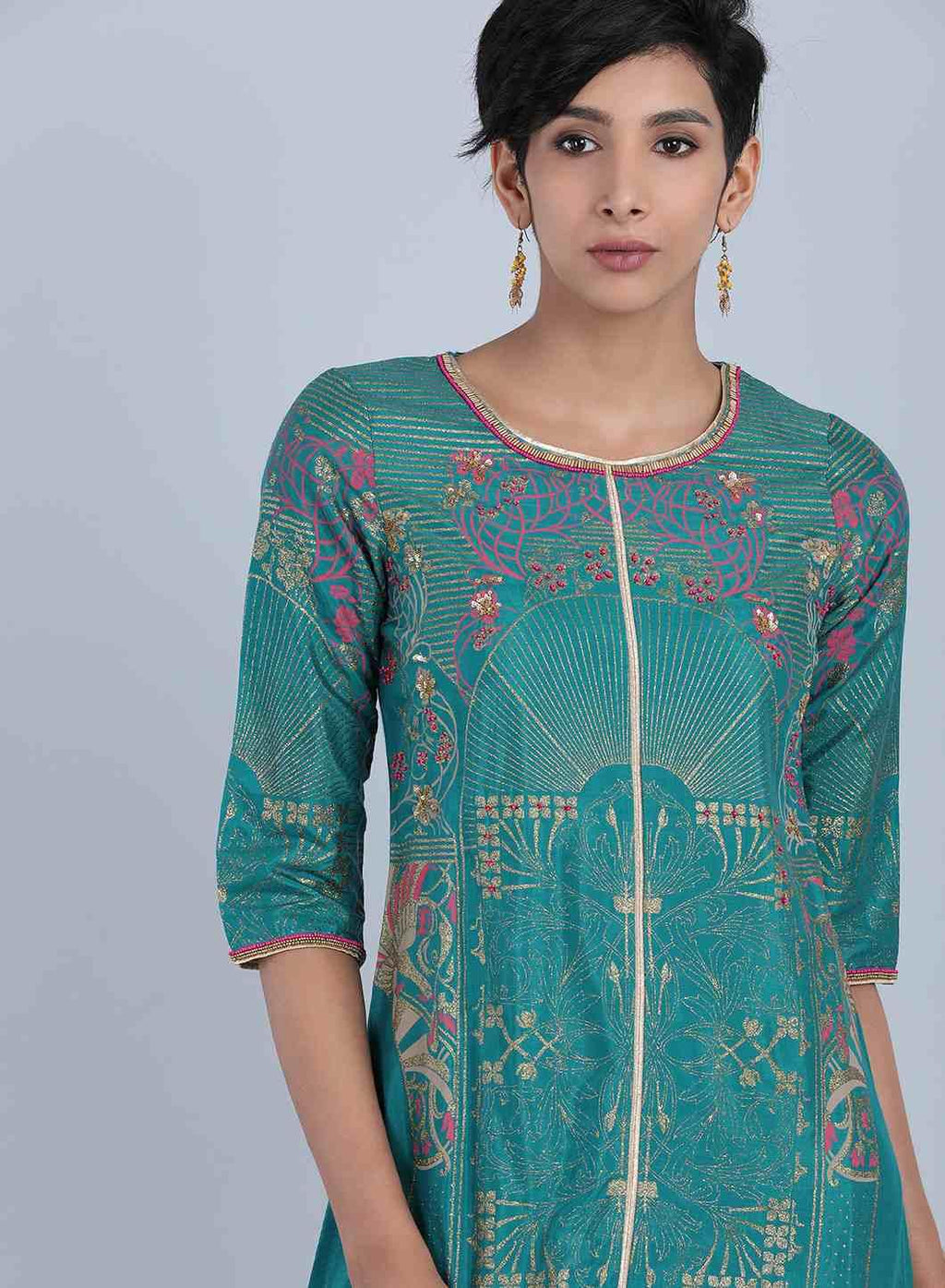 W for Woman Green Round Neck Printed kurta | Grocsy