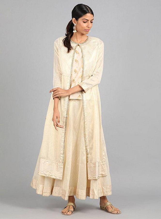 W for Woman Off-White Round Neck Embellished kurta Set | Grocsy