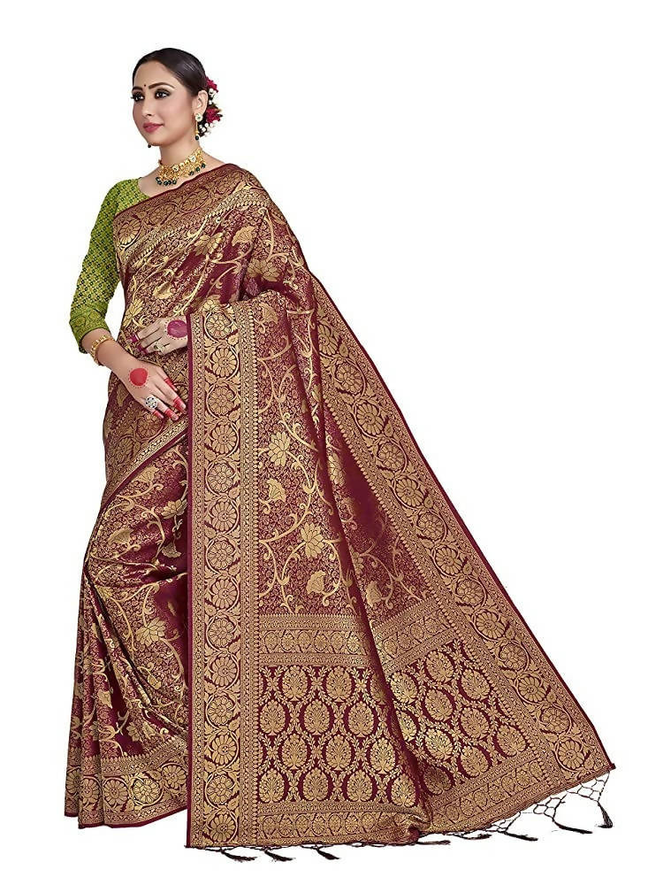 Vardha Women's Maroon Color Kanchipuram Raw Silk Saree with Unstitched Blouse Piece | Grocsy