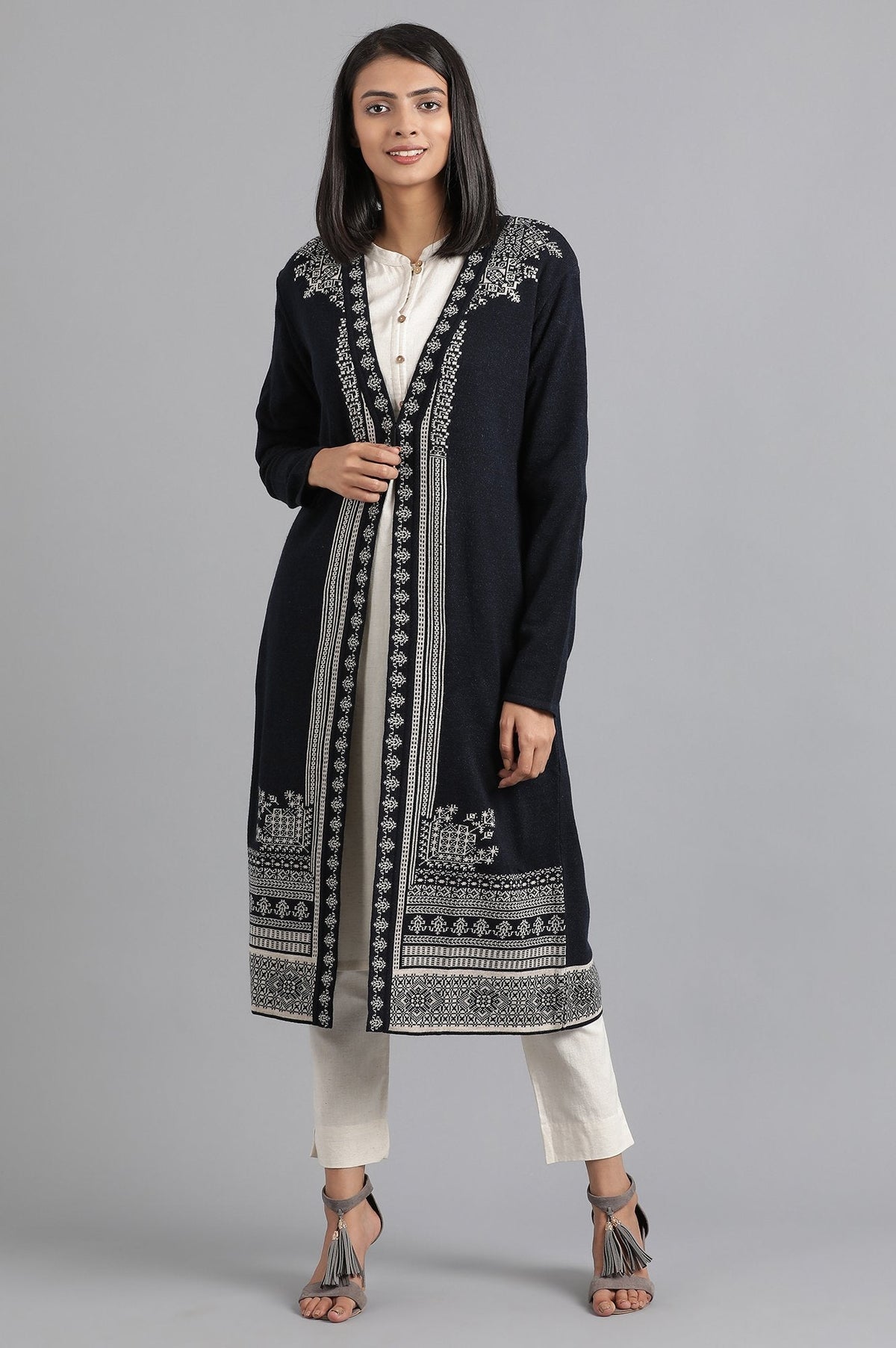 W for Woman Navy Round Neck Knitted Cardigan | Grocsy