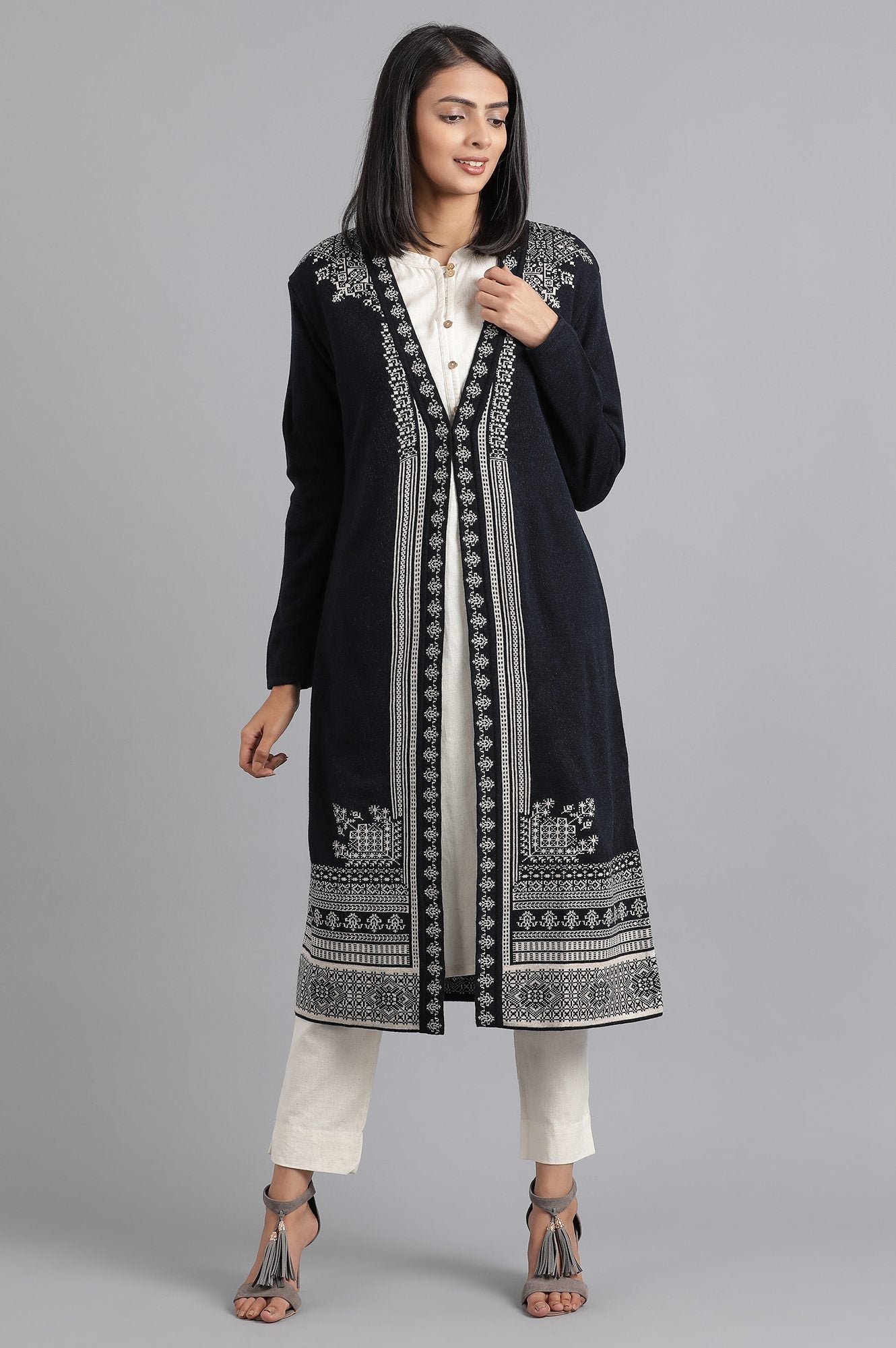 W for Woman Navy Round Neck Knitted Cardigan | Grocsy