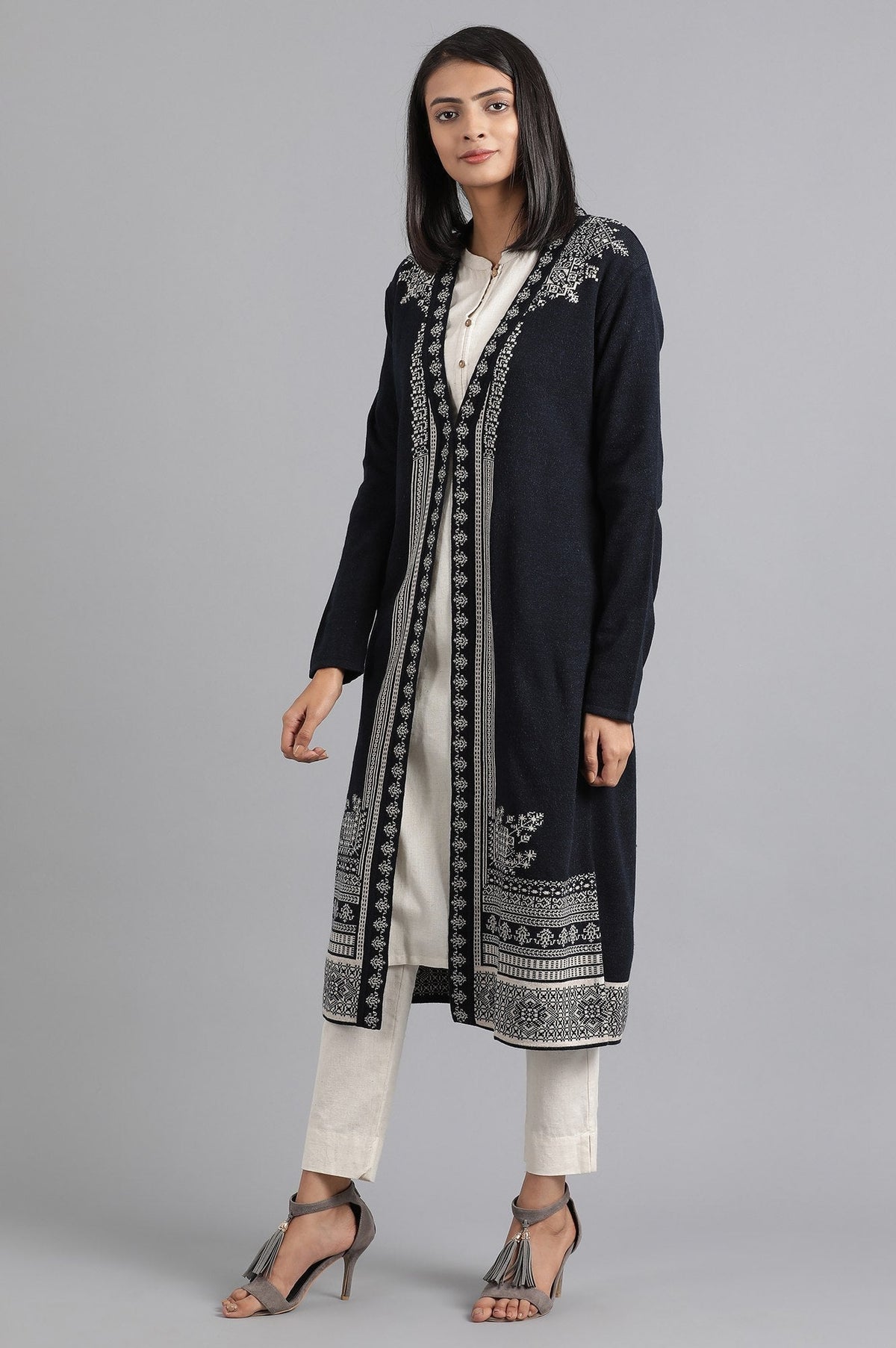 W for Woman Navy Round Neck Knitted Cardigan | Grocsy