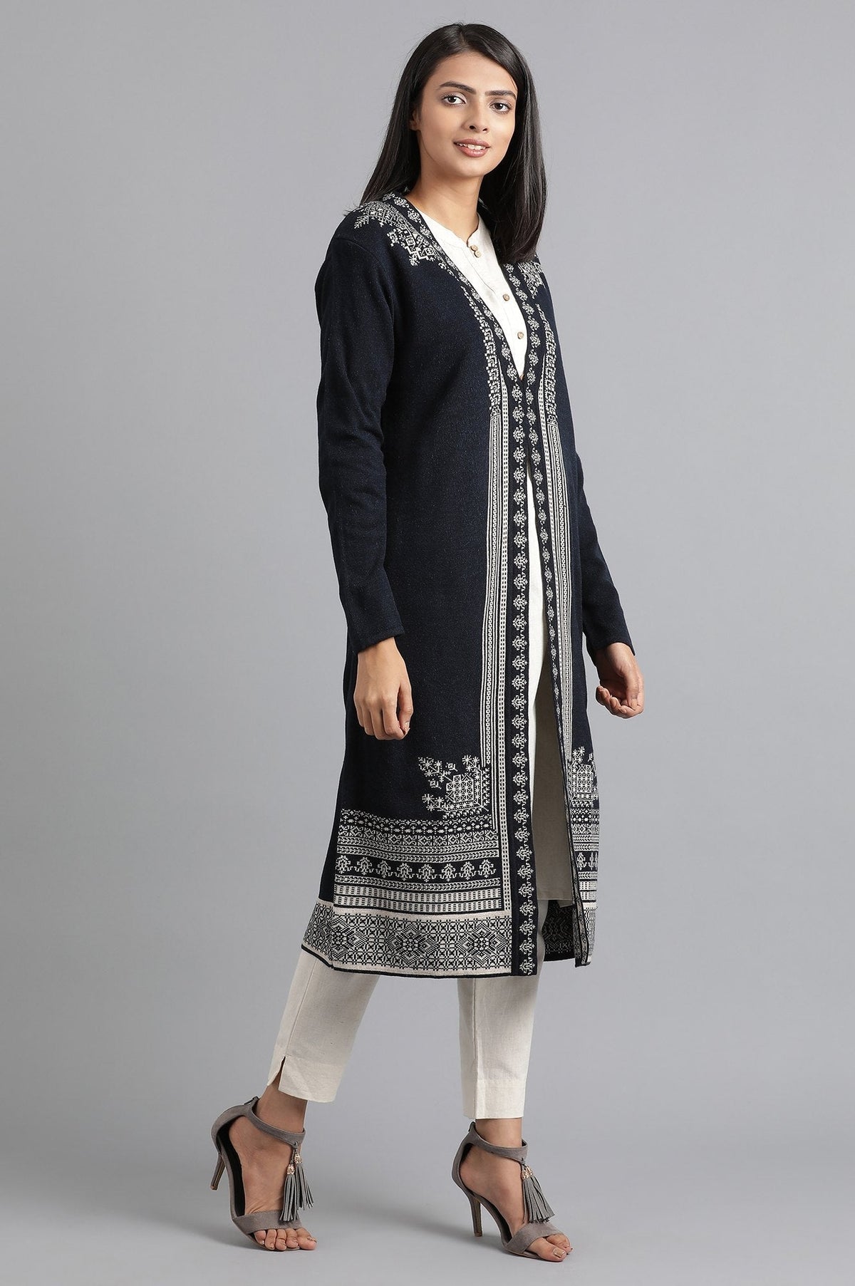W for Woman Navy Round Neck Knitted Cardigan | Grocsy