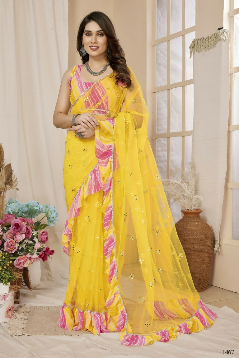 Partywear Designer Yellow Net Fancy Saree - Dyuti | Grocsy