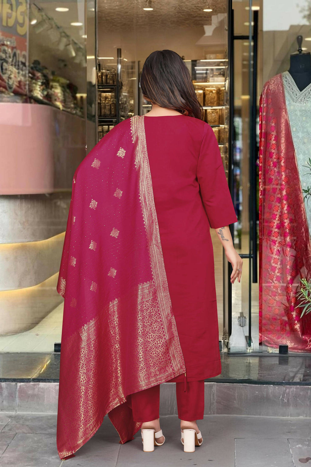 The52 Maroon Beautiful Embroidered Viscose Chanderi Fabric Straight Kurta Pant with Dupatta Set | Grocsy