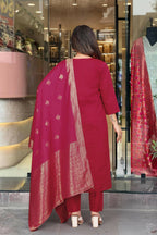 The52 Maroon Beautiful Embroidered Viscose Chanderi Fabric Straight Kurta Pant with Dupatta Set | Grocsy
