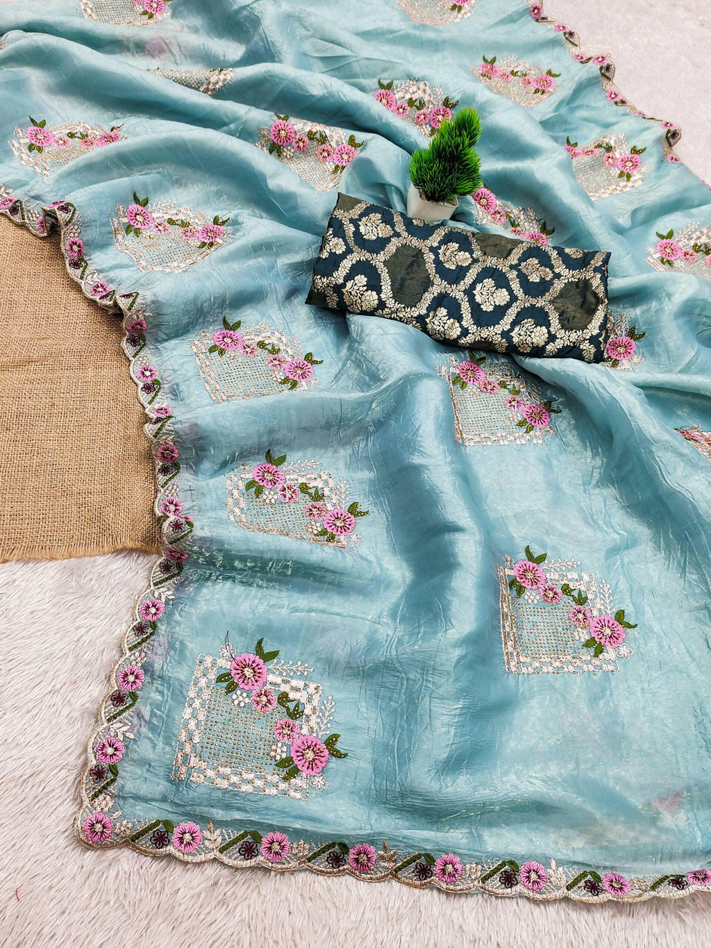 Teeya Creation Sky Color Pure Paper Silk Heavy Embroidery Work Wedding Wear Saree | Grocsy