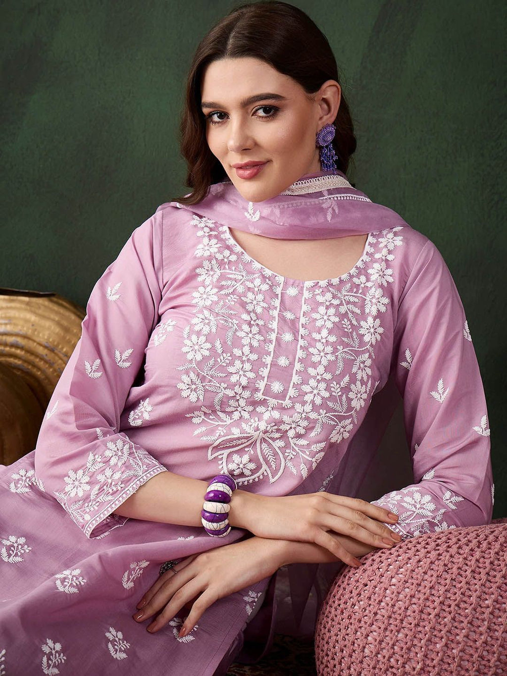 Sangria Lavender Floral Embroidered Thread Work Cotton Kurta & Trouser With Dupatta | Grocsy