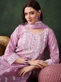 Sangria Lavender Floral Embroidered Thread Work Cotton Kurta & Trouser With Dupatta | Grocsy