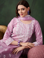 Sangria Lavender Floral Embroidered Thread Work Cotton Kurta & Trouser With Dupatta | Grocsy