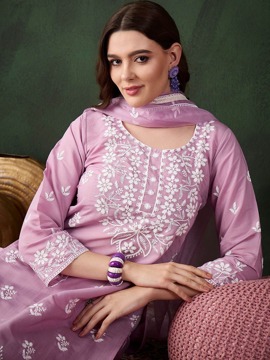 Sangria Lavender Floral Embroidered Thread Work Cotton Kurta & Trouser With Dupatta | Grocsy