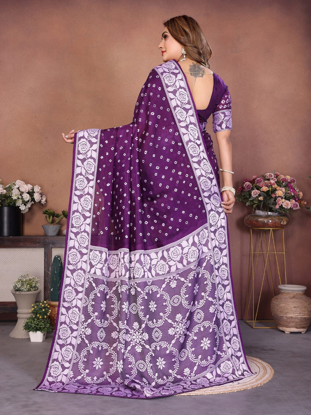 Anaita Dark Purple Handmade Bandhej Viscose Silk Saree With Blouse | Grocsy