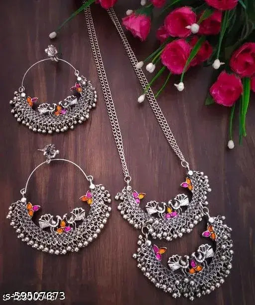 Tehzeeb Creations Women's Silver Colour Oxidised Necklace And Earrings With Peacock Design | Grocsy