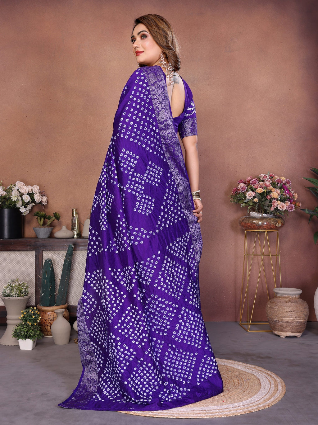 Anaita Blue Handmade Bandhej Viscose Silk Saree With Blouse | Grocsy