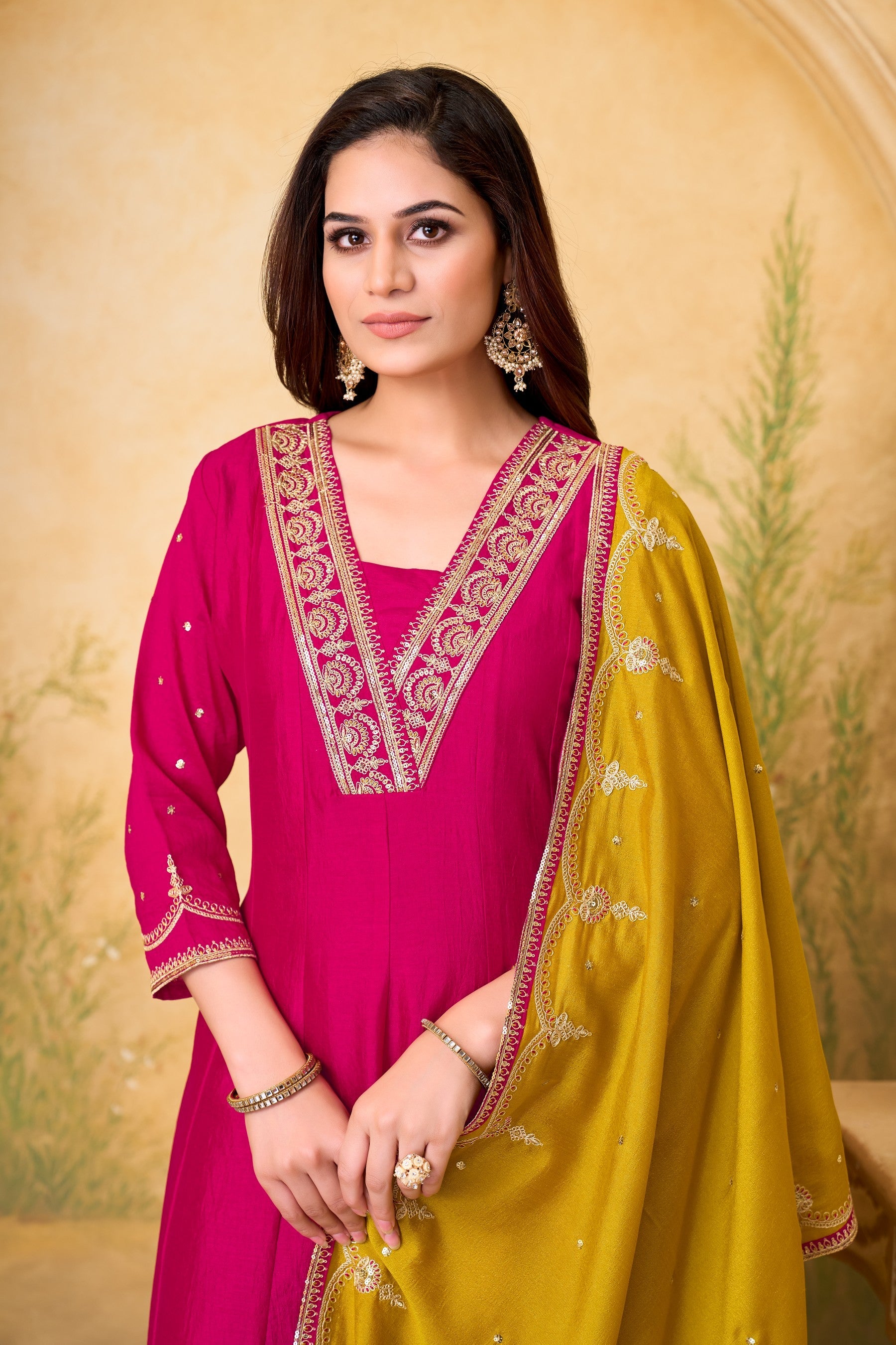 Anaita Pink Yellow Anarkali Readymade Suit with Embroidery Work | Grocsy